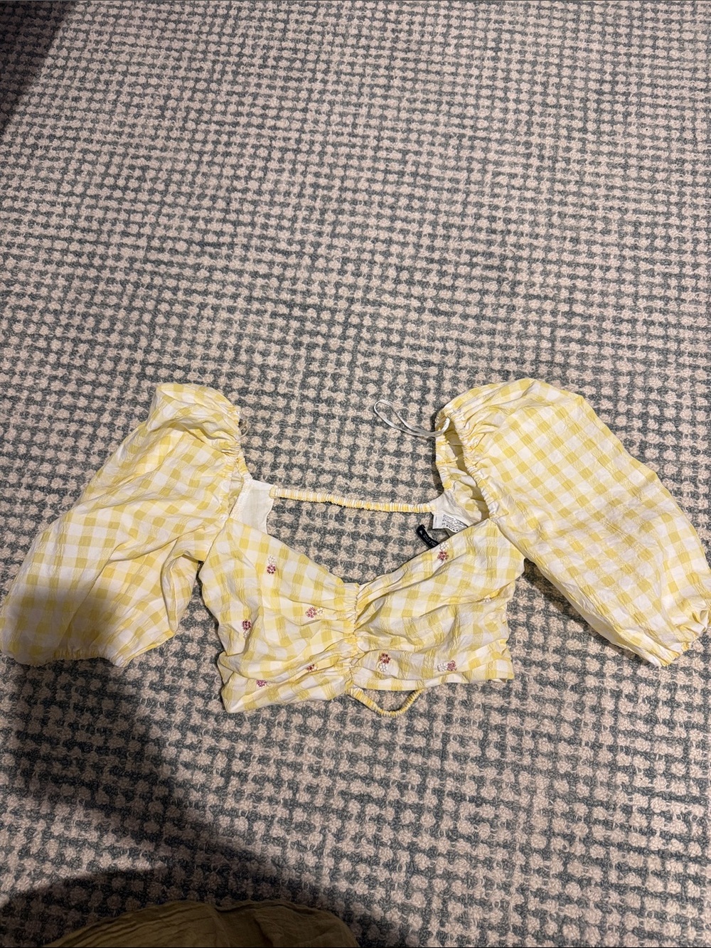 Zara Yellow Gingham Ruched Puff-Sleeve Crop Top